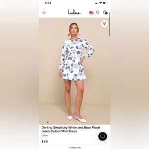Lulus,Darling Simplicity White and Blue Floral
Linen Cutout Mini Dress, Size S